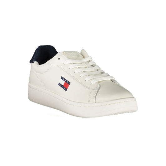 White Tommy Hilfiger polyurethane women's lace-up sneaker with a navy heel tab and side logo detail.