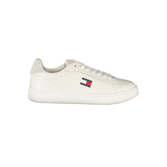 White Tommy Hilfiger polyurethane women's sneaker with lace-up closure and logo side detail.