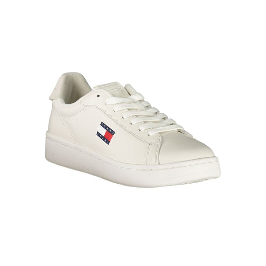 White polyurethane Tommy Hilfiger women's sneaker with lace-up closure and side logo detailing.