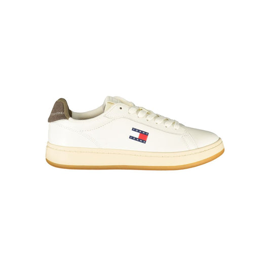 White Tommy Hilfiger polyurethane women's lace-up sneaker with logo patch and brown heel tab on a gum sole.