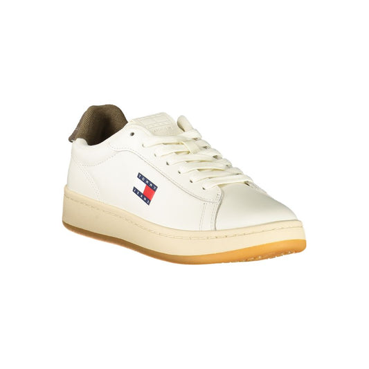 White polyurethane Tommy Jeans women's sneaker with lace-up style and brown heel detail on a gum sole.