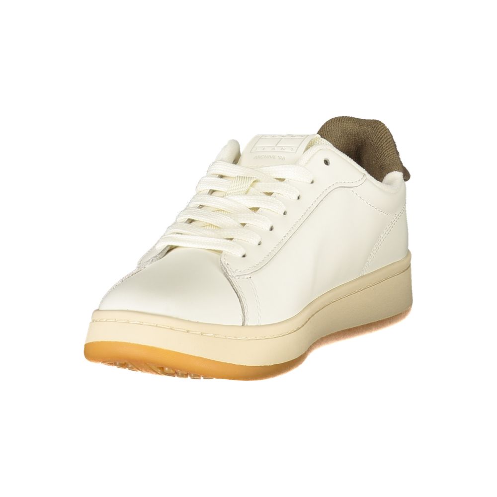 Tommy Hilfiger white polyurethane low-top sneaker with an olive green heel collar and cream rubber sole.