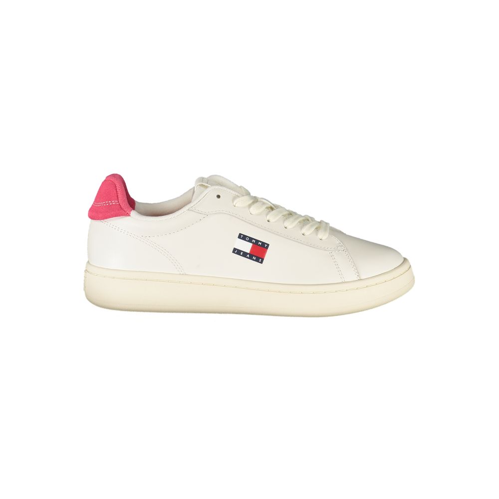 White polyurethane Tommy Hilfiger women's sneaker with a pink heel tab and classic logo on the side.
