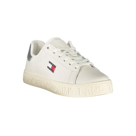 White Tommy Hilfiger polyurethane women's lace-up sneaker with logo detail and embossed platform sole.
