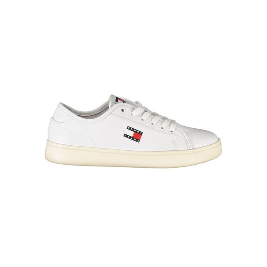 White Tommy Hilfiger polyurethane sneaker with a casual low-top style and iconic logo on the side.