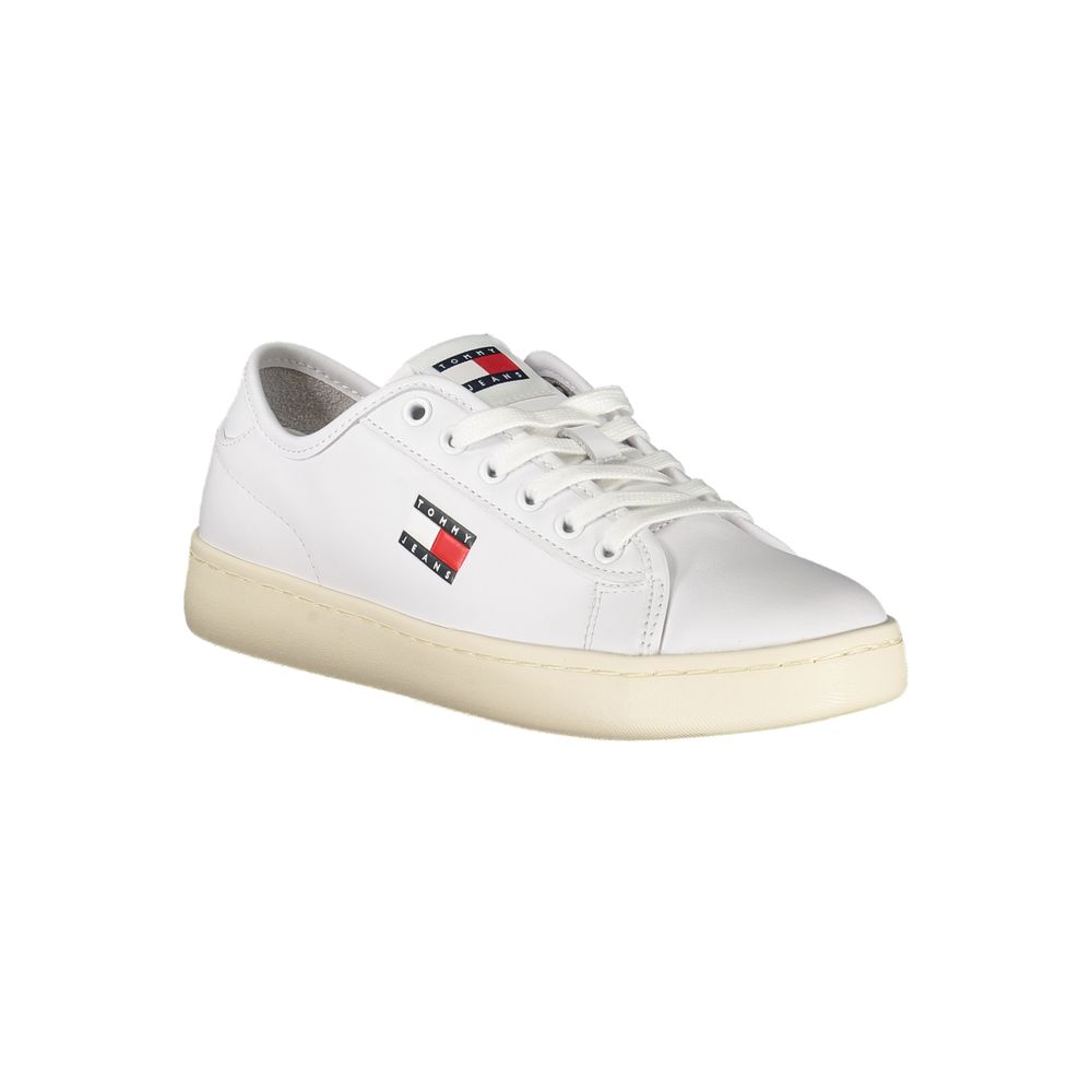 Tommy Hilfiger white polyurethane low-top women's sneaker with a cream rubber sole and branded flag side logo.