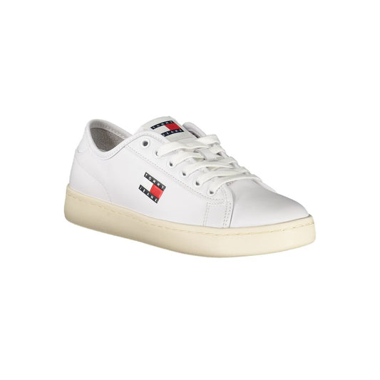 White Tommy Hilfiger Bianco polyurethane women's sneaker with a classic lace-up tennis style and rubber sole.