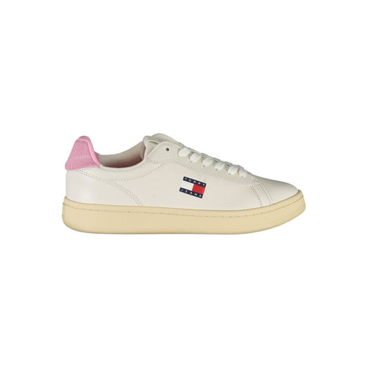 White polyurethane Tommy Hilfiger lace-up sneaker with a pink heel tab and classic side logo.