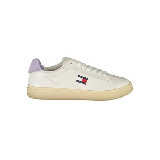White polyurethane Tommy Hilfiger women's sneaker with a beige rubber sole and lavender heel accent.