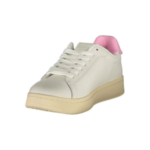 Tommy Hilfiger white polyurethane women's sneaker with pink heel detail and beige platform sole.