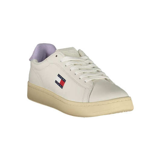 White Tommy Hilfiger polyurethane women's sneaker with lavender heel tab and cream rubber sole.
