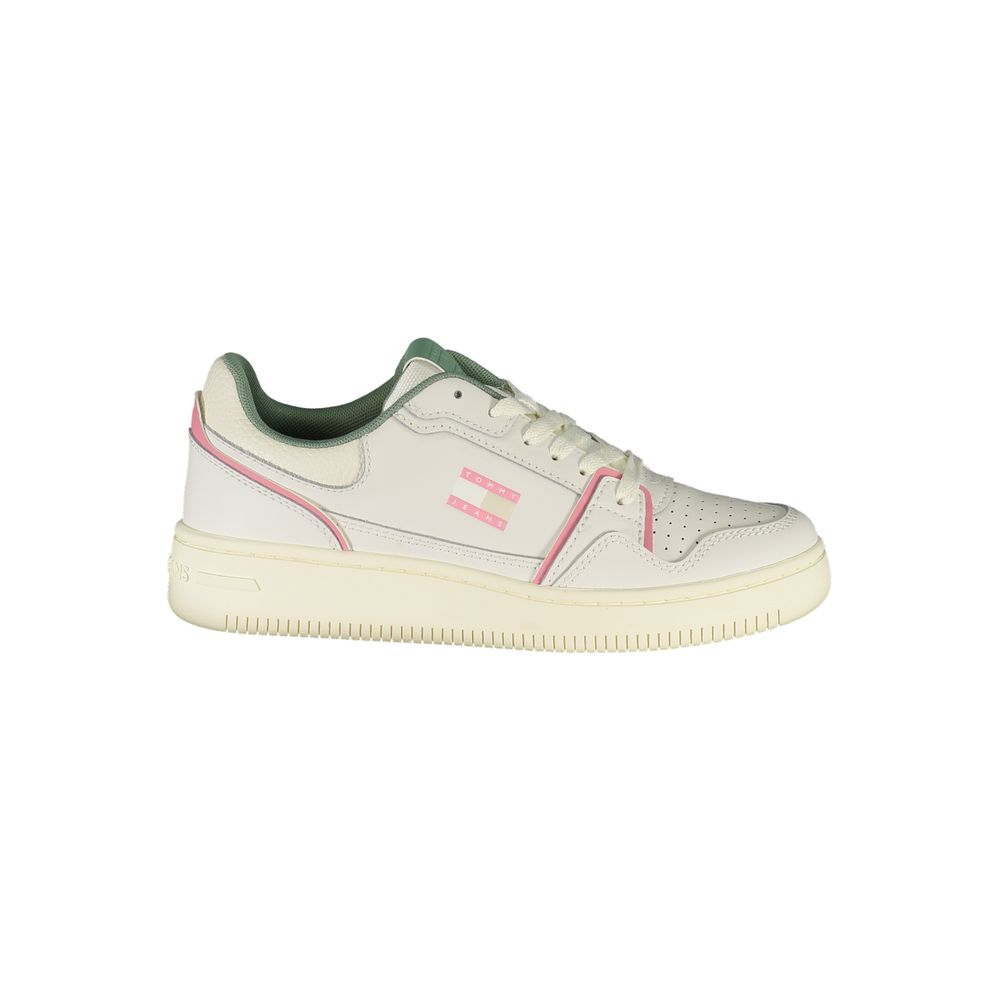 White Tommy Hilfiger polyurethane women’s sneaker with pink and green accents and a classic low-top design.