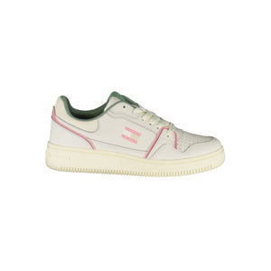 White Tommy Hilfiger polyurethane women’s sneaker with pink and green accents and a classic low-top design.