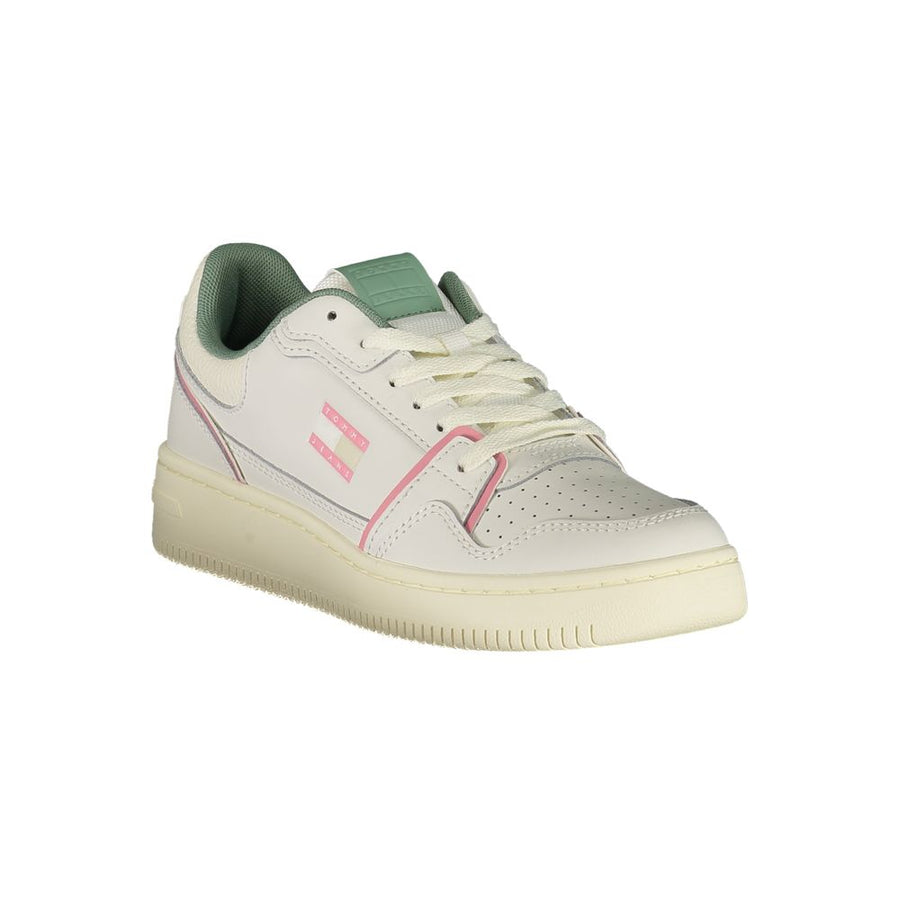 White Tommy Hilfiger polyurethane women’s sneaker with pink and green accents and a classic low-top design.