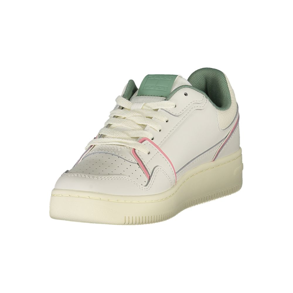 White Tommy Hilfiger polyurethane women's sneakers with green and pink accents and a chunky cream sole.