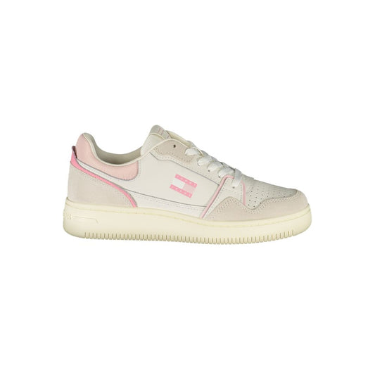 White and pink Tommy Hilfiger polyurethane sneaker for women, featuring a casual, low-top sporty design.