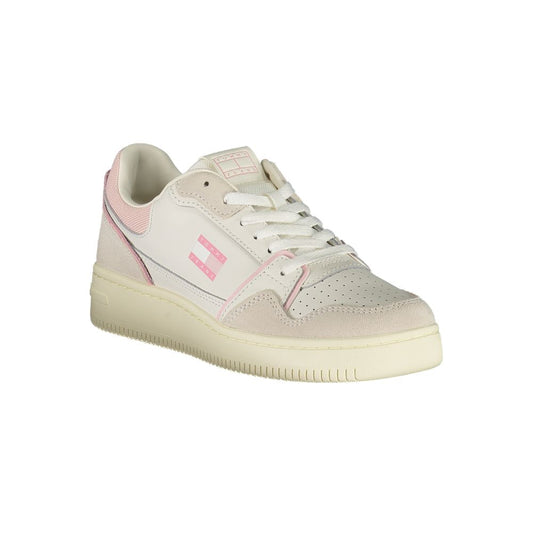 White Tommy Hilfiger polyurethane sneaker for women with pink accents and suede details in a classic court style.