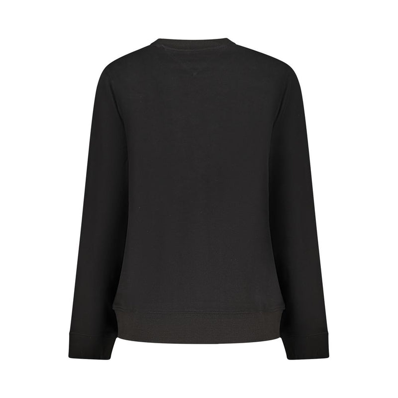 Back view of a plain black cotton women sweatshirt with long sleeves and ribbed hem