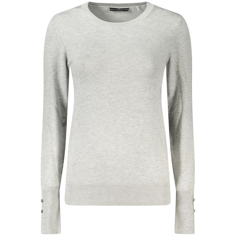 Light grey knit viscose women's crewneck sweater with long sleeves and ribbed cuffs featuring small buttons