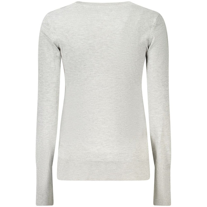 Light grey viscose knit women's long-sleeve sweater shown from the back