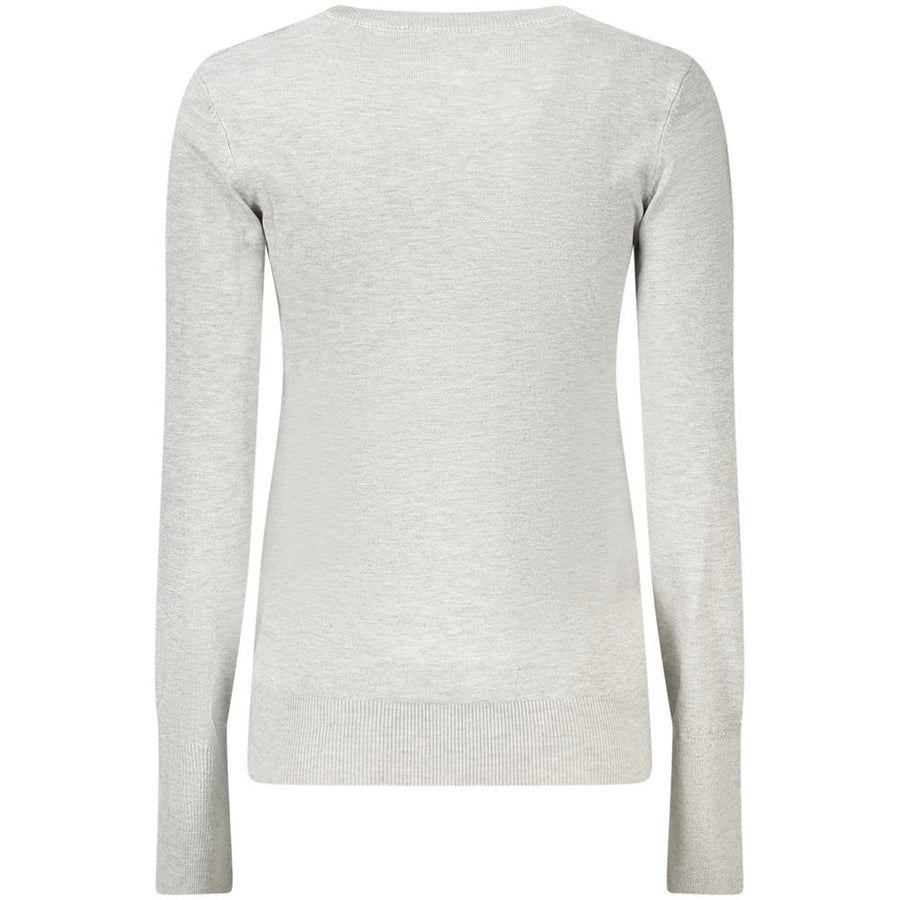 Light grey knit viscose women's crewneck sweater with long sleeves and ribbed cuffs featuring small buttons