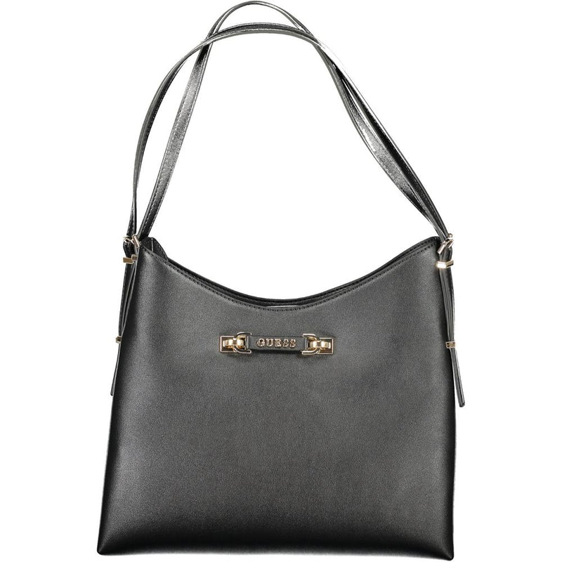 Black polyurethane shoulder handbag with twin straps and gold tone Guess logo hardware