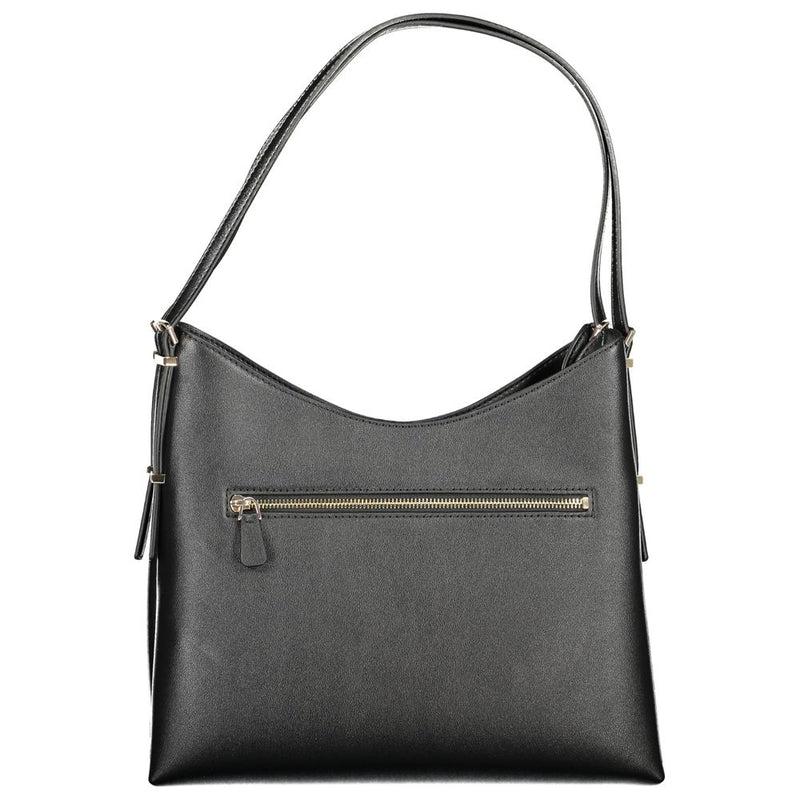 Black polyurethane women's shoulder bag with a slouchy silhouette and a single strap