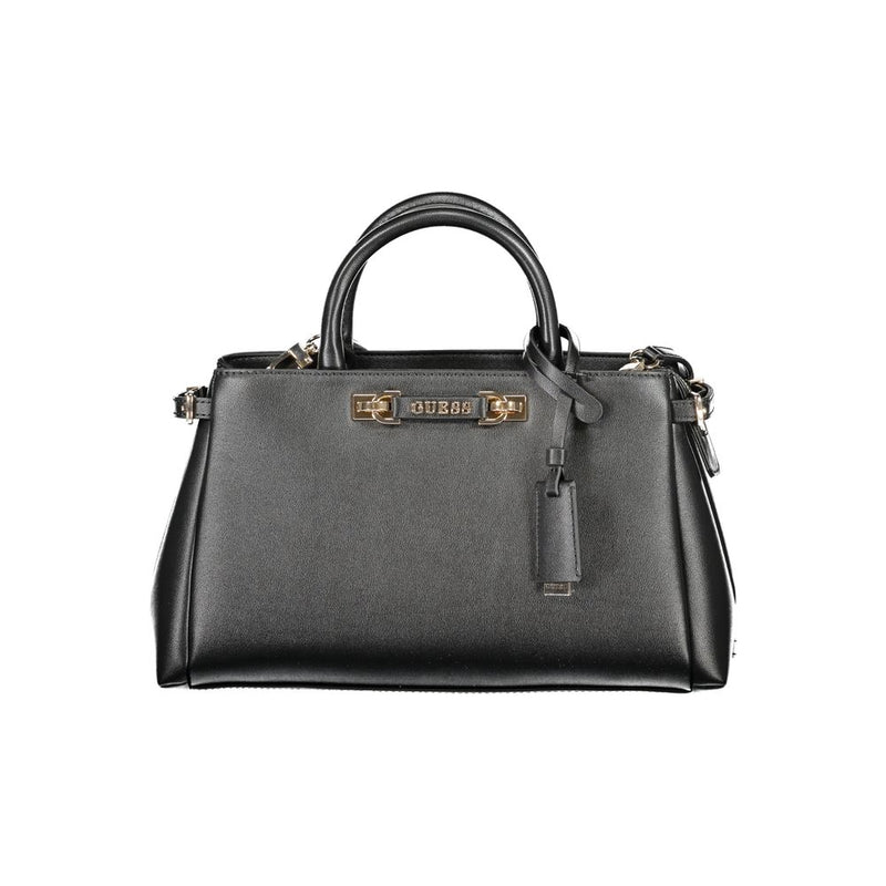 Black polyurethane Guess women handbag with top handles and gold hardware