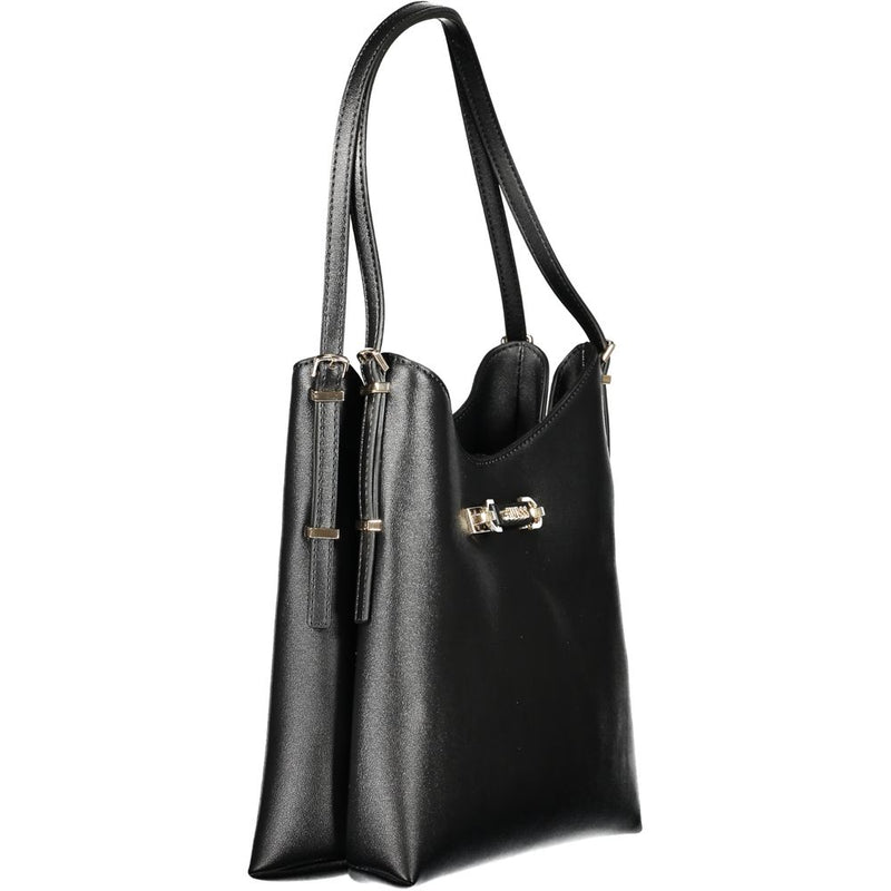 Black polyurethane women's handbag with shoulder straps and gold hardware accents