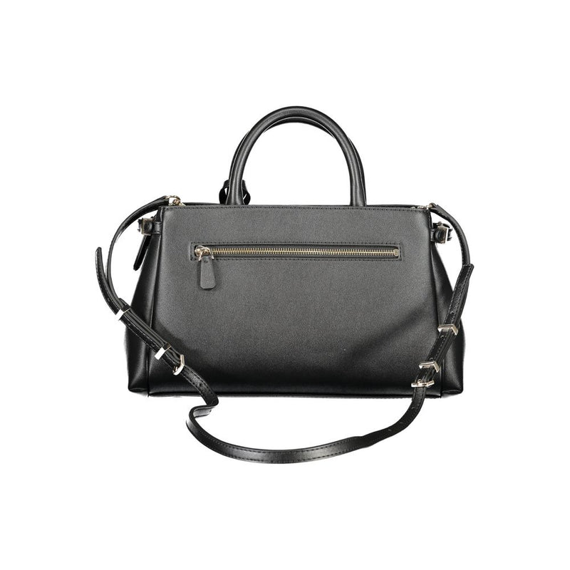 Black polyurethane women's handbag with top handles and a shoulder strap