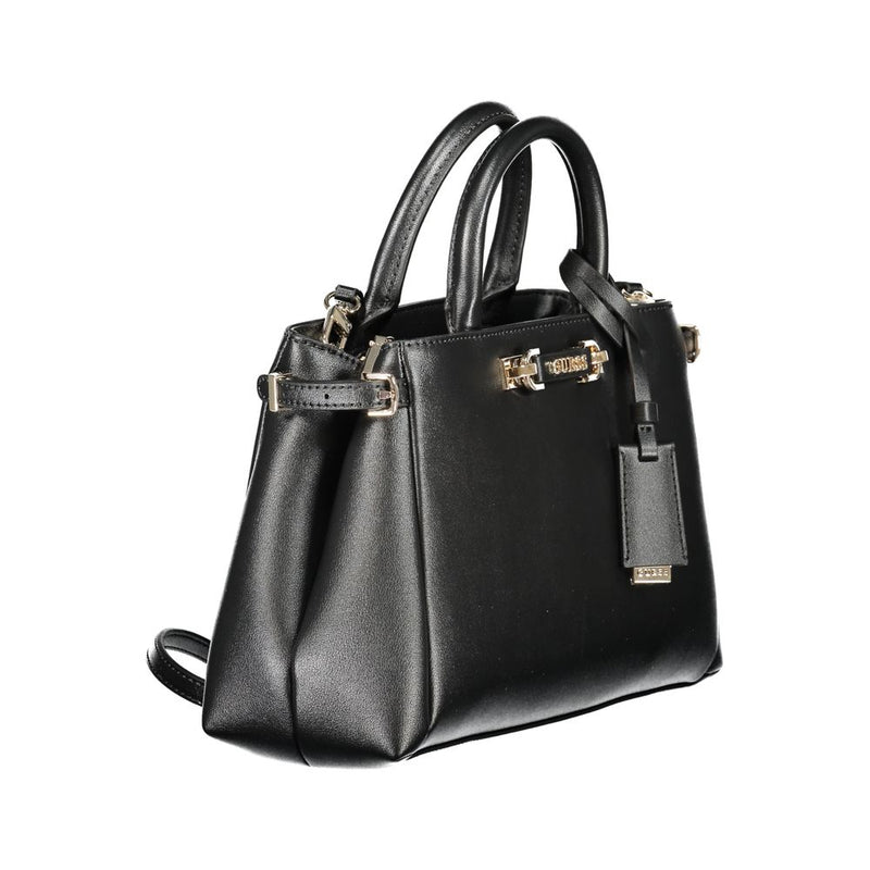 Black polyurethane women's handbag with dual top handles, gold hardware, and a matching hanging luggage tag
