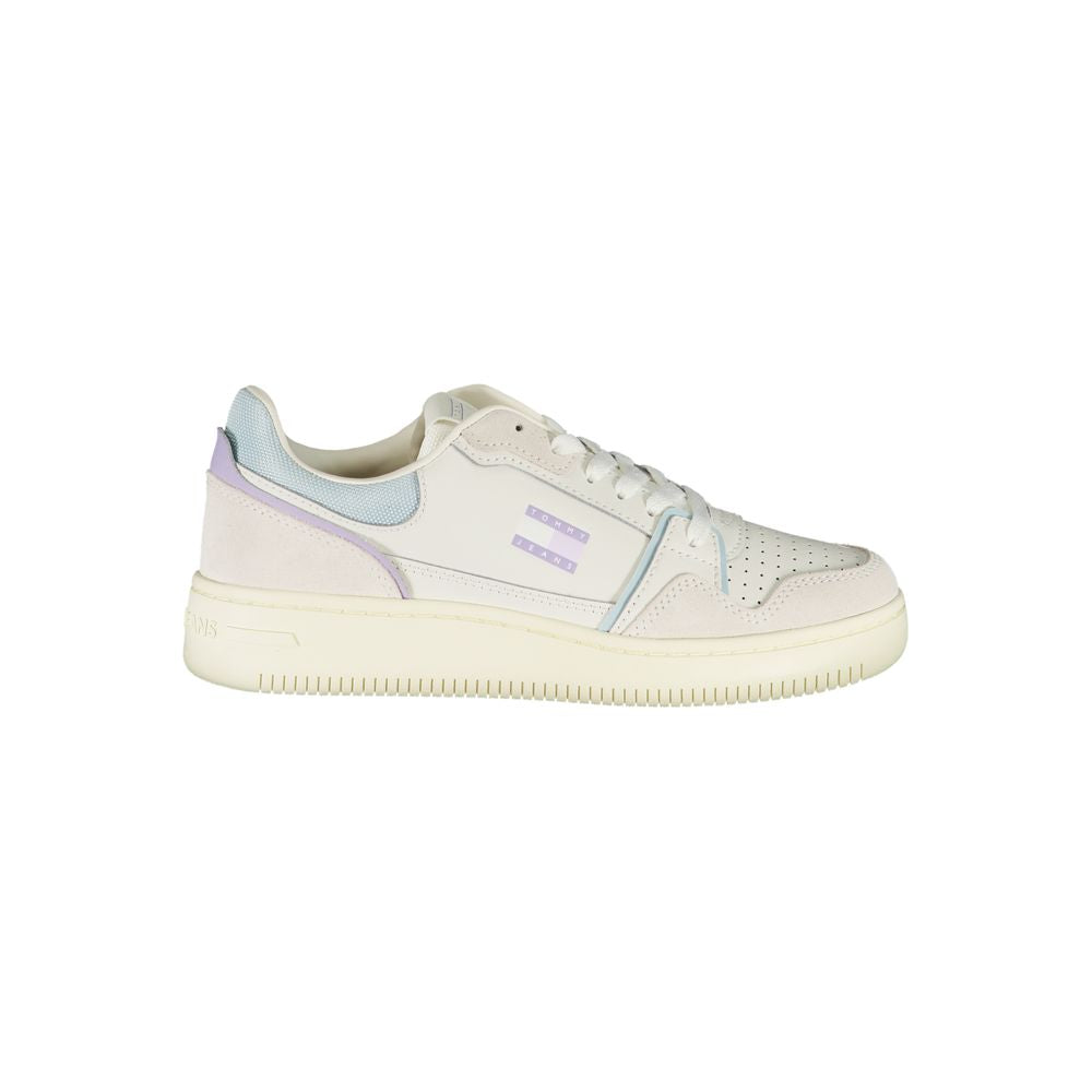 Tommy Hilfiger women's white polyurethane sneaker with suede overlays, lavender accents, and a classic lace-up style.