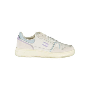Tommy Hilfiger white polyurethane and suede lace-up sneaker with light blue and purple accents.