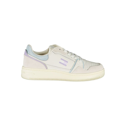 Tommy Hilfiger white polyurethane and suede lace-up sneaker with light blue and purple accents.