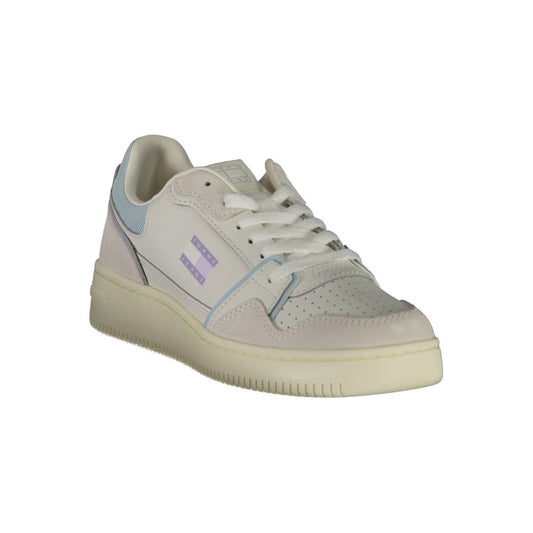 Tommy Hilfiger white polyurethane and suede lace-up sneaker with pastel blue and purple accents.
