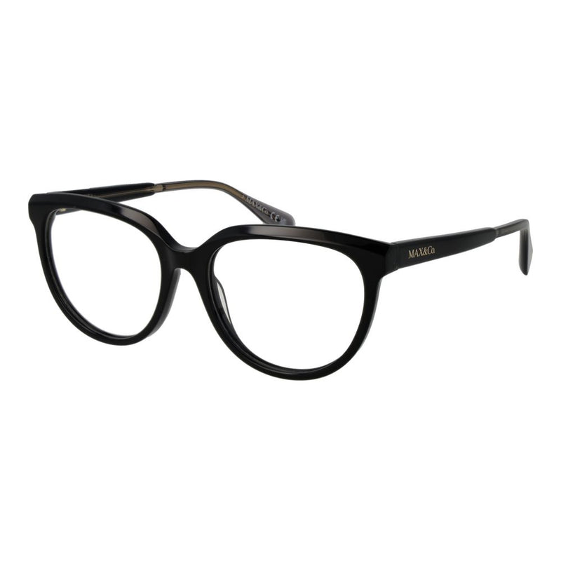 Black glossy acetate full-rim cat-eye glasses frames by Max & Co with branding on the temple