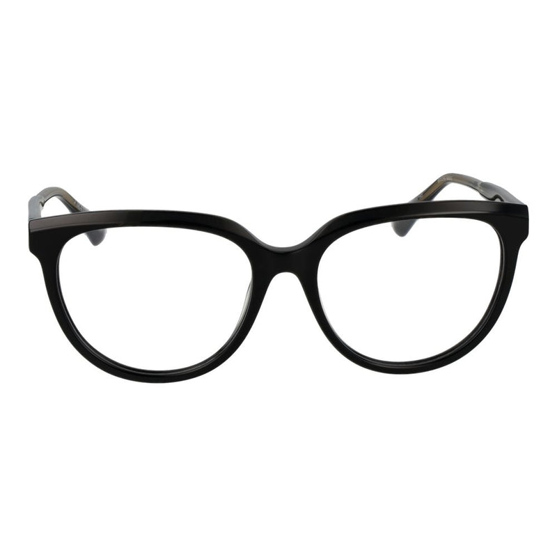 Black acetate glasses frames with bold, rounded rims on a white background