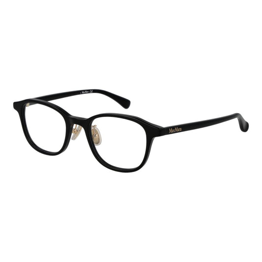 Black acetate eyeglass frames with rounded lenses and gold nose pads