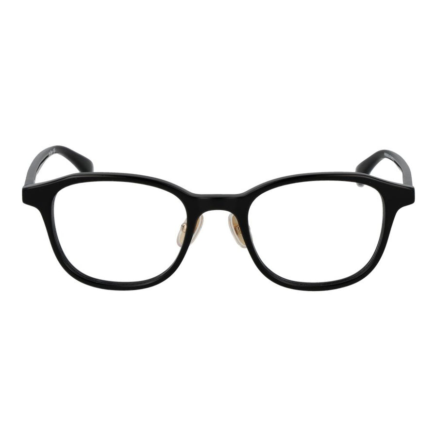 Black acetate eyeglass frames with rounded lenses and gold nose pads
