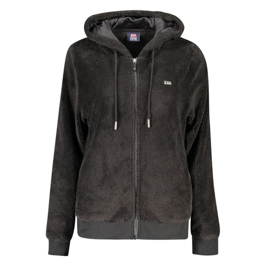 Black fuzzy fleece zip-up hooded jacket for women with drawstring and ribbed hem