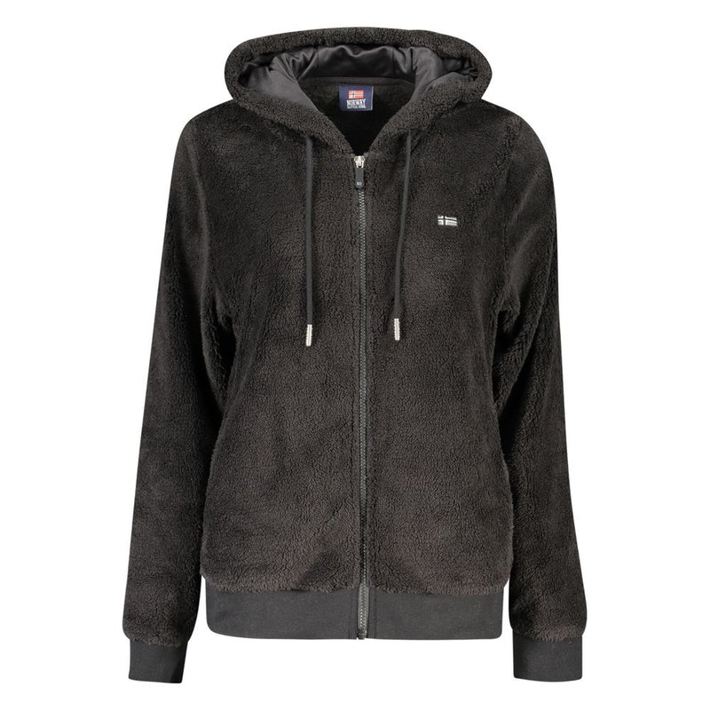Black fuzzy fleece zip-up hooded jacket for women with drawstring and ribbed hem