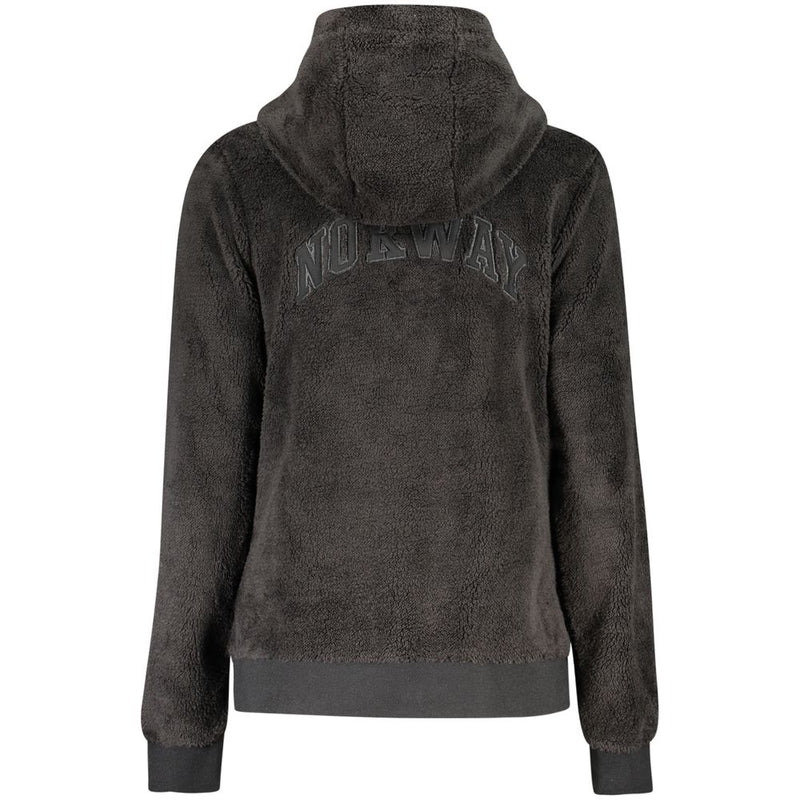 Black fuzzy polyester women's hooded jacket with Norway lettering on the back
