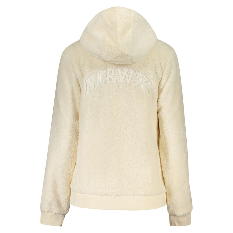 White fuzzy polyester zip-up hooded jacket for women