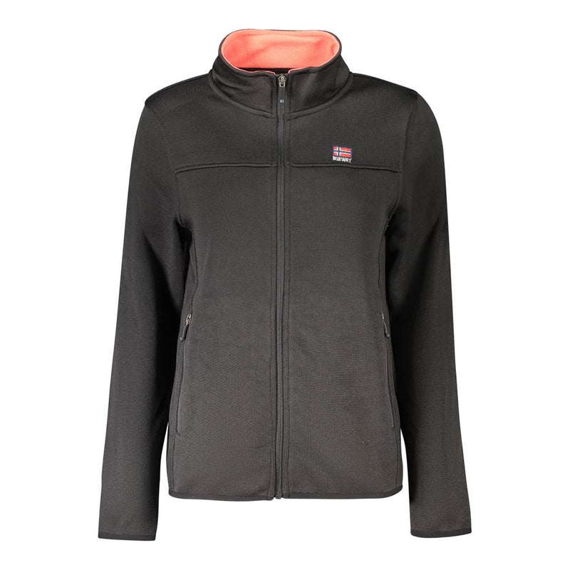 Black polyester women full-zip fleece sweatshirt with pink high collar