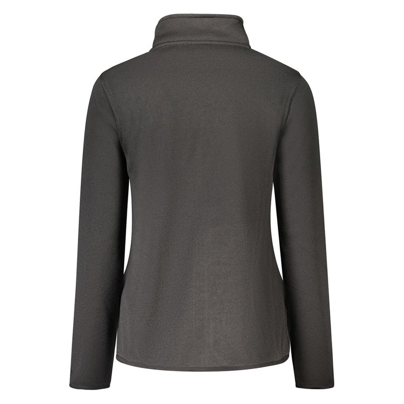 Black polyester women's sweatshirt with a mock neck, shown from the back