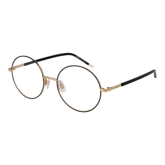 Round black and gold metal eyeglass frames with black temples