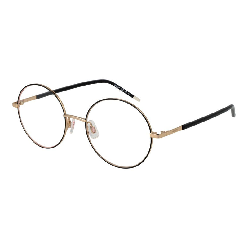 Round black and gold metal eyeglass frames with black temples