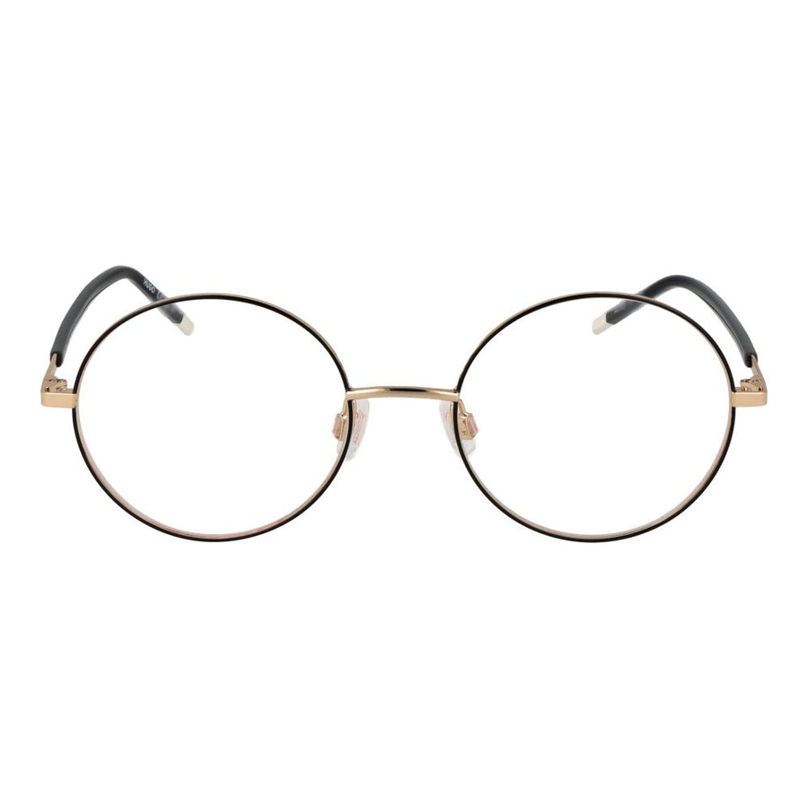 Round black and gold metal eyeglass frames with black temples