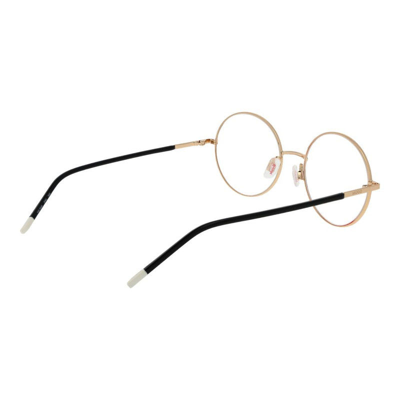 Round gold metal eyeglasses with thin frames and black temples