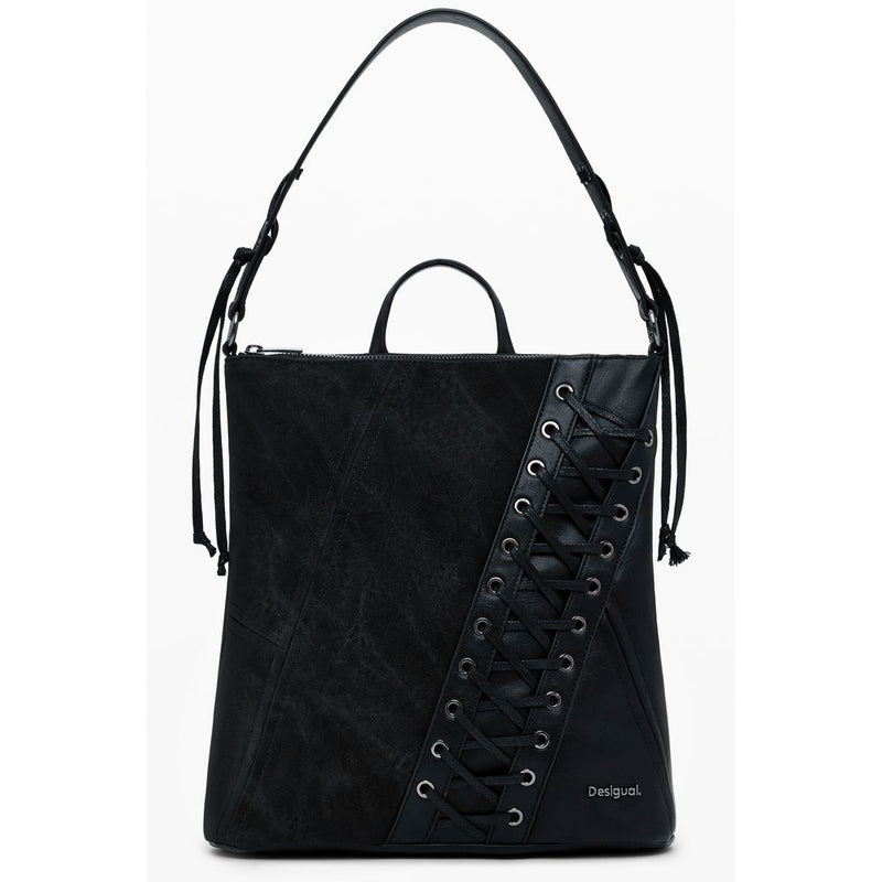 Black polyurethane women handbag with a lace-up front detail and shoulder strap